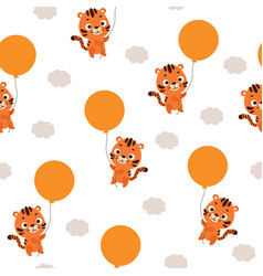 Cute Little Tiger Flying On Balloon Seamless