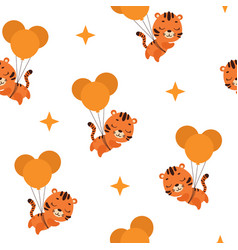 Cute Little Tiger Flying On Balloons Seamless