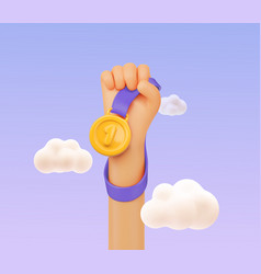 3d Cartoon Hand Holding Golden Medal On The Sky