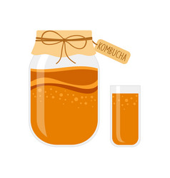 Jar And Glass Of Homemade Kombucha Tea On A White