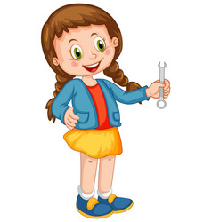 A Girl Holding Wrench On White Background