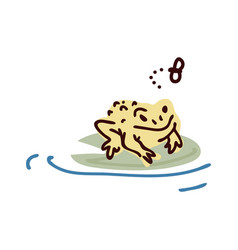 Cute Cartoon Frog On Pond Lily Pad With Fly