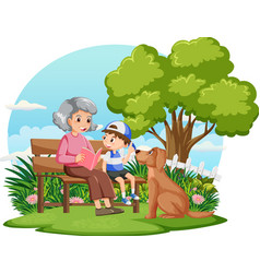 Old Woman Sitting On Bench With Her Nephew