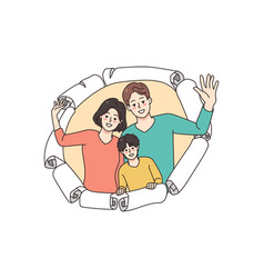 Happy Family With Child Peep Through Paper Hole