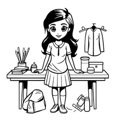 A Schoolgirl At The Desk Black And White Drawing