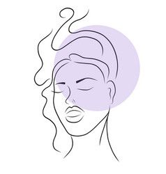 Woman Face Line Art With Free Hair Style In Pastel