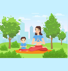 Family Outdoor Yoga In Summer Park Happy Mother