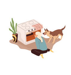 Person And Dog Looking At Oven With Pie Baking