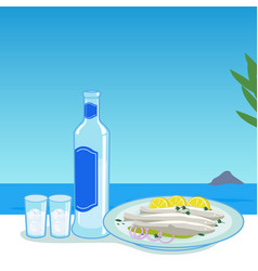 Bottle Ouzo And Cooked Fish