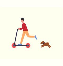 Man Riding Scooter Pet Dog Following Owner Running