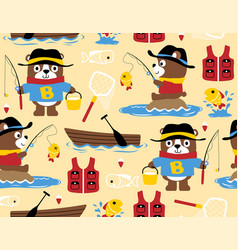 Seamless Pattern Of Funny Bear Cartoon Fishing