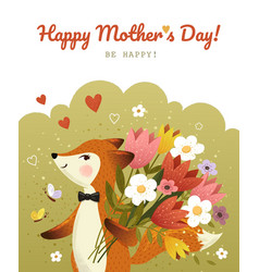 Happy Mothers Day Card Smiling Fox And Flowers