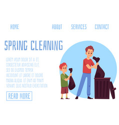 Spring Cleaning Banner With Family Near Garbage