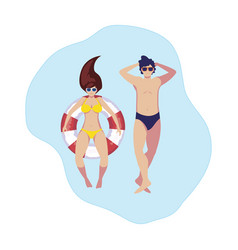 Young Couple With Swimsuit And Float In Water