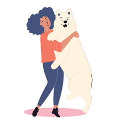 Adult Woman Standing Holding A Giant White Dog