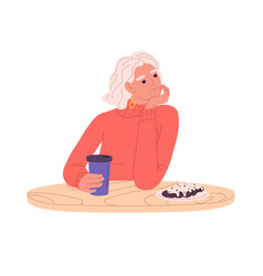 Woman Drinking Coffee Eating Dessert Sitting