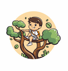 Cute Little Boy Climbing A Tree In Cartoon Style