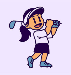 Happy Cartoon Girl Playing Golf In Vintage Style