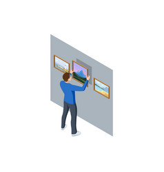 Isometric A Man Hanging Picture On The Wall