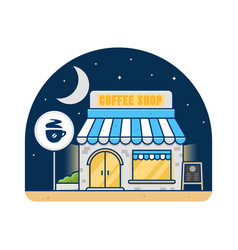 Coffee Shop Cafe Building In Night Time Flat