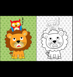 Coloring Book Or Page With Lion And Owl Cartoon