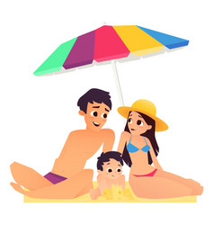 Family Sitting Under Beach Umbrella Parents