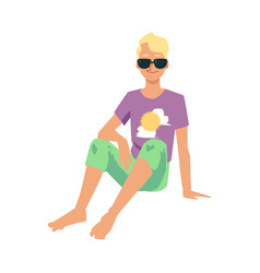 Man Or Guy Sitting In Shorts And Sun Goggles Flat