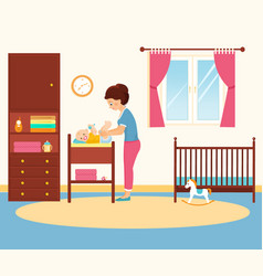 Mother Changing Diaper In Baby Room