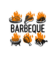 Barbecue Fest Logo Set With Fire On White