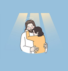 Jesus Hug Comfort Unhappy Small Girl Child