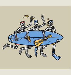 Three Skulls Carrying Surfboards On The Beach