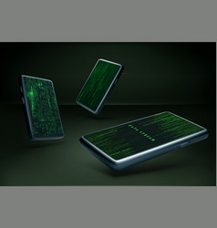 Set Of 3d Mobile Phone With Binary Data Stream In