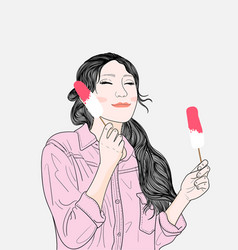 A Young Woman Eating Delicious Ice Cream Outside