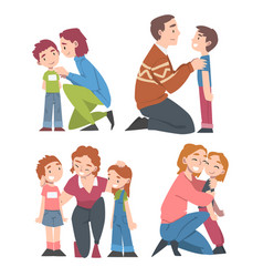 Happy Parents Hugging And Kissing Their Kids Set