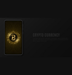 Mobile Phone Mockup With Golden Bitcoin On Touch