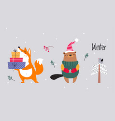 Set Of Cute Winter Forest Animals Red Fox