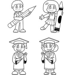 Outlined School Kids Cartoon Characters