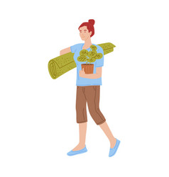 Woman With Mat And Houseplant For Home Moving