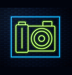 Glowing Neon Line Photo Camera Icon Isolated On