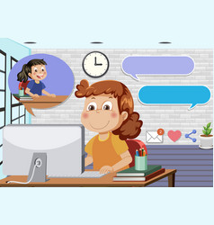 A Girl Using Computer Cartoon