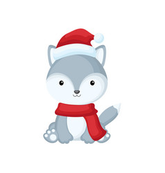 Cute Little Wolf Sitting In A Santa Hat And Red