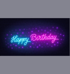 Happy Birthday Neon Text On Brick Wall Background