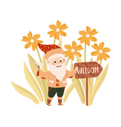 Cute Garden Gnome With Welcome Wooden Signboard