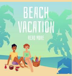 Cartoon Couple On Beach Vacation Picnic Sea