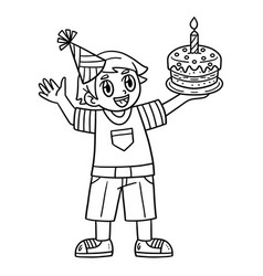 Birthday Boy Holding A Cake Isolated Coloring Page