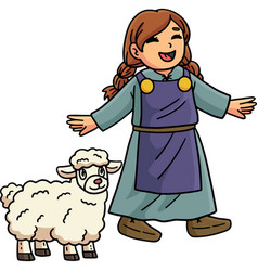 Happy Viking Girl With A Sheep Cartoon Clipart