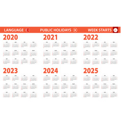 2020-2025 Year Calendar In Turkish Language Week