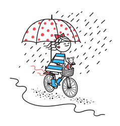 Happy Girl With Dog Rides Bicycle Under Umbrella