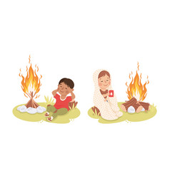 Little Children Sitting At Bonfire At Summer Camp