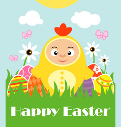 Easter Background With Boy In Costume Chicken